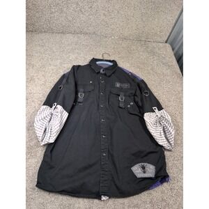 Triple FAT Goose Womens Utility Button Down Shirt Black Gingham Patchwork Large